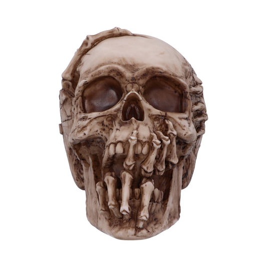 Skull sculpture with intricate skeletal hand details covering the lower face, set against a plain white background, creating an eerie and artistic effect.