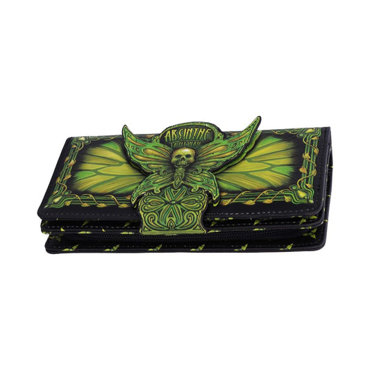 The closed, black wallet displays a green, absinthe-themed design, prominently featuring an insectoid skull figure with text "ABSINTHE LA FEÉ VERTE" at the center of the clasp. Vines wrap around the edges.