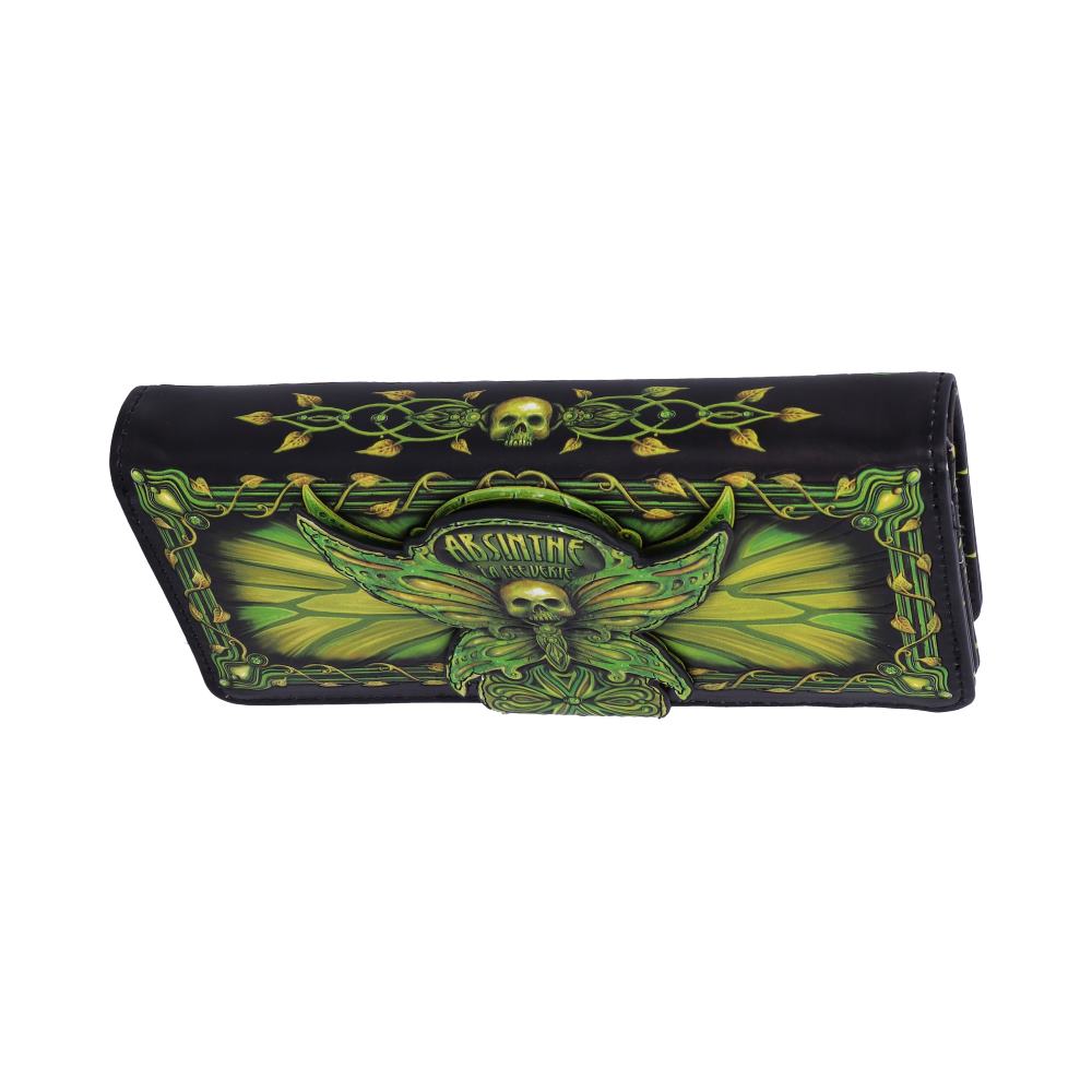 A black, clutch-style wallet displays the words "ABSINTHE LA FEE VERTE" over a winged skull with leaves and vines wrapping around; a skull sits at the top, centered within a leafy vine.