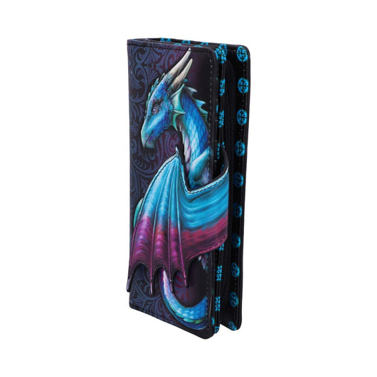 A blue and purple dragon is depicted on a black wallet. The wallet is closed, standing upright against a white background.