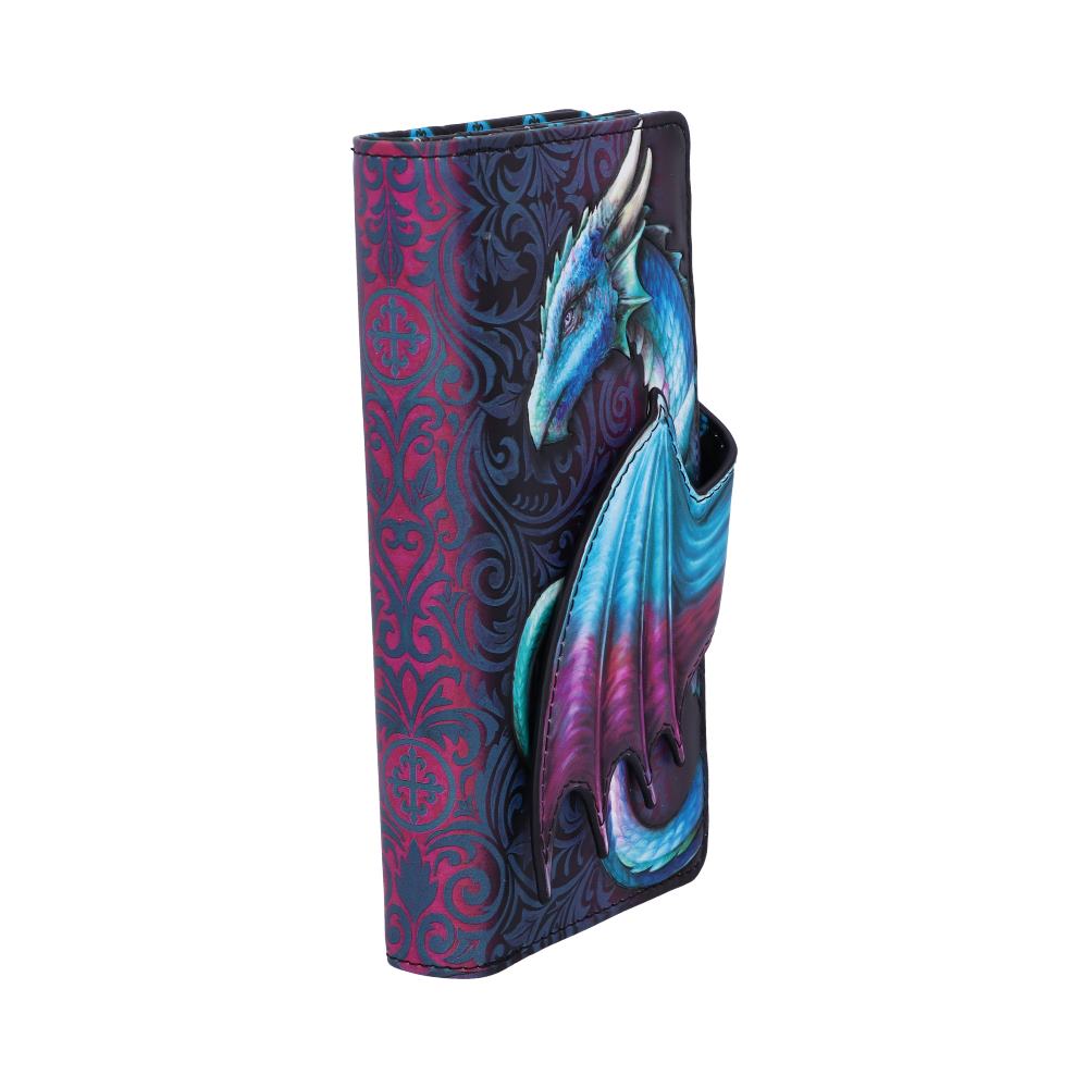 A blue and purple dragon is depicted on a wallet; it is closed and stands upright against a white background.