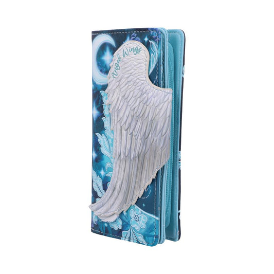 A turquoise folio wallet features a raised white sculpted angel wing stamped with the text "Angel Wings" against a dark blue floral and starry pattern on a white background.