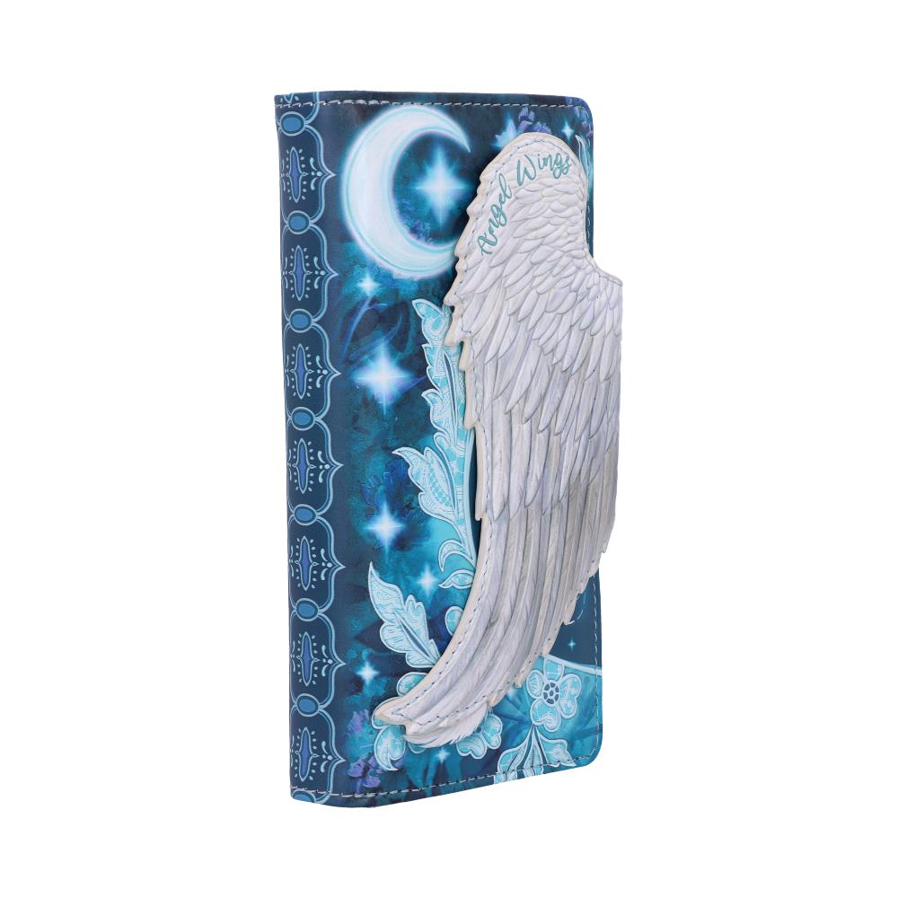 Blue wallet with raised white angel wing embellishment labeled "Angel Wings" sits upright, showcasing a crescent moon, stars and ornate floral border on a teal galaxy-patterned background.