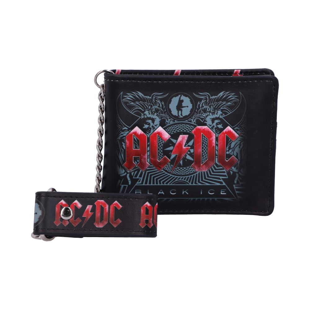 Wallet with red AC/DC logo and "BLACK ICE" text on black background, features decorative chain and dynamic graphics, creating a bold, rock-inspired design.
