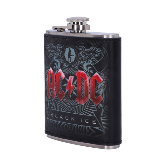A metal flask features a design with "AC⚡DC" in bold red letters and "Black Ice" beneath. It is set against a decorative dark background.