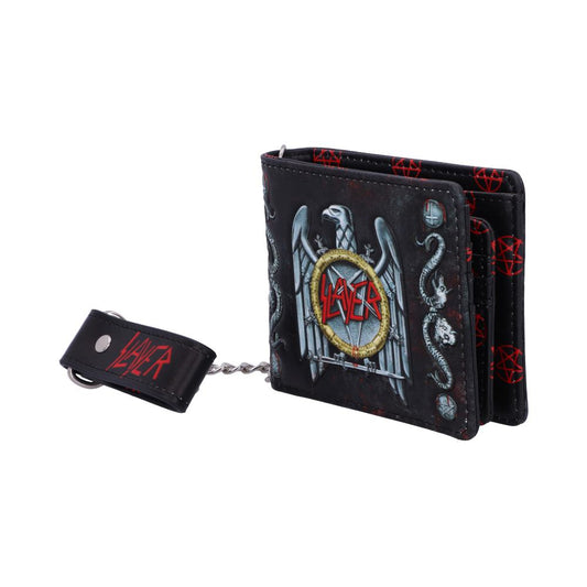 A black wallet adorned with a detailed design features "SLAYER" in red. It is connected to a chain with a black strap, amidst a background of red pentagrams.