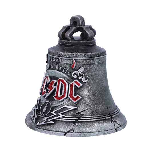 A metallic bell featuring the text "Hells Bells" and "AC⚡DC" is displayed, with a cracked, worn look. It includes "1980" and a lightning bolt design, suggesting a rock-themed context.