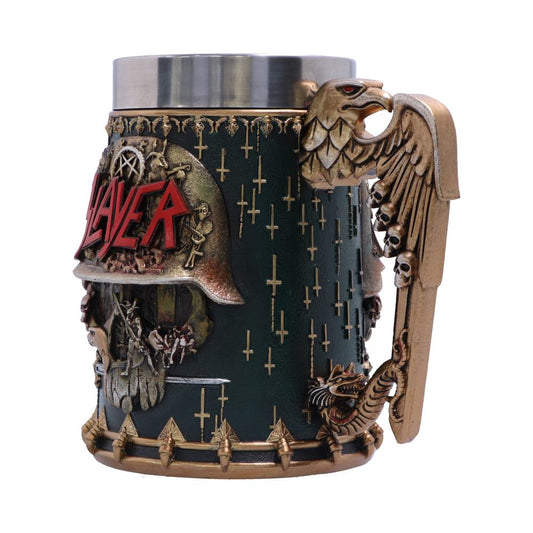 Stein with a cross-patterned dark background and ornate metallic decorations. It has a helmet design labeled "Slayer" in red; the handle features an eagle with skull details.