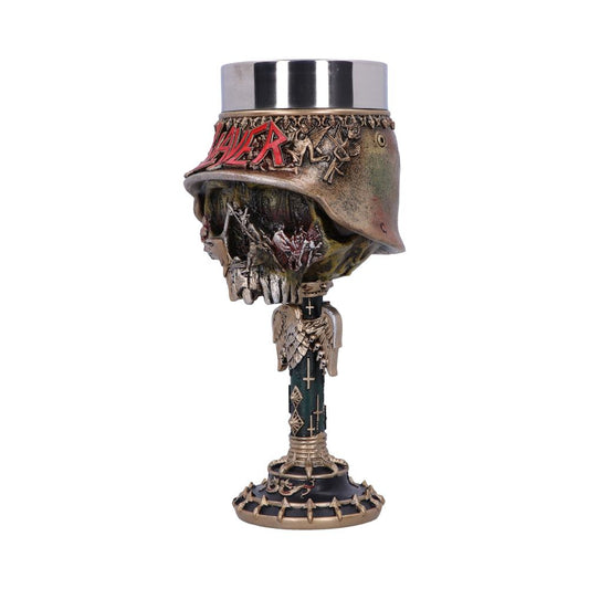 A Gothic-themed goblet displays a skull design with a metallic helmet adorned with red "SLAYER" text. The stem features cross motifs and winged figures, creating a dark, heavy-metal aesthetic.