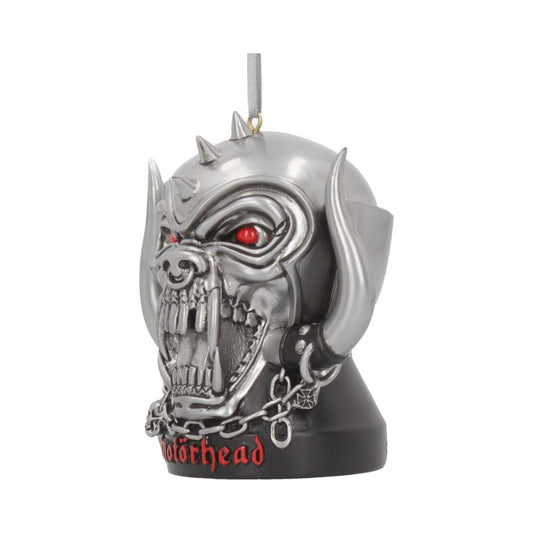 A metallic, snarling beast ornament with red eyes and chain details hangs suspended. The word "Motörhead" is emblazoned in red at the base, contrasting with the smooth white background.