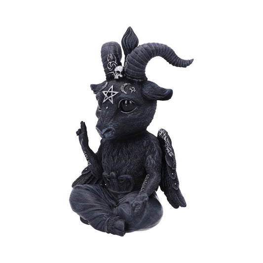 A black, winged Baphomet statue sits cross-legged in meditation. Its forehead displays a star and crescent moon, and the raised hand bears the word "SOLVE."