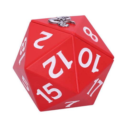 A red, 20-sided die with white numbers (2, 8, 10, 12, 15, 17) is shown in close-up. A small, metallic dragon emblem adorns one face.