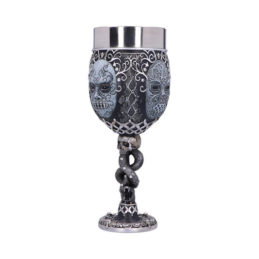Gothic-style goblet featuring intricate skull masks and swirling patterns, with a snake entwined around the stem; set against a plain, white background.