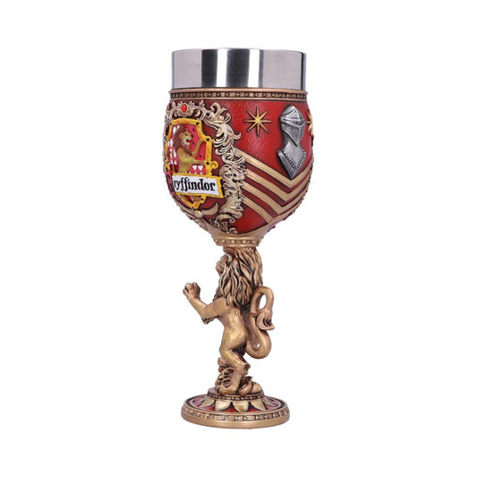 A decorative goblet features a red cup with "Gryffindor" crest, golden lion base, and knight emblem, set against a white background.