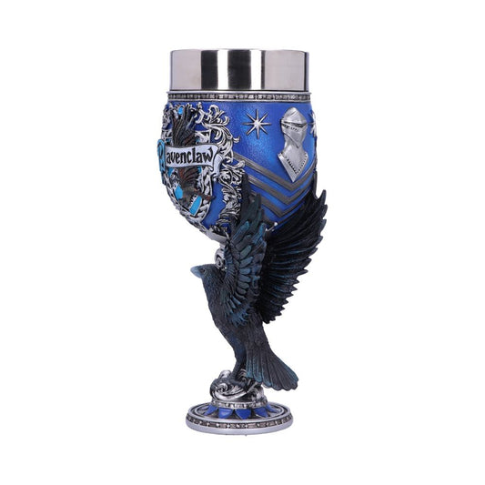 A blue goblet decorated with a black raven figure as the stem. It features a metallic rim and intricate designs, including a shield with "Ravenclaw" text, stars, and patterns.