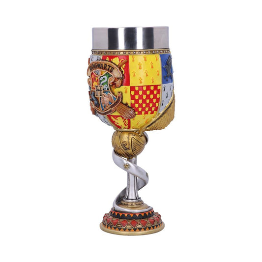 A decorated goblet features a metal cup with an ornate, colorful emblem depicting "Hogwarts." The goblet sits on a detailed base featuring gold accents and a winding snake.