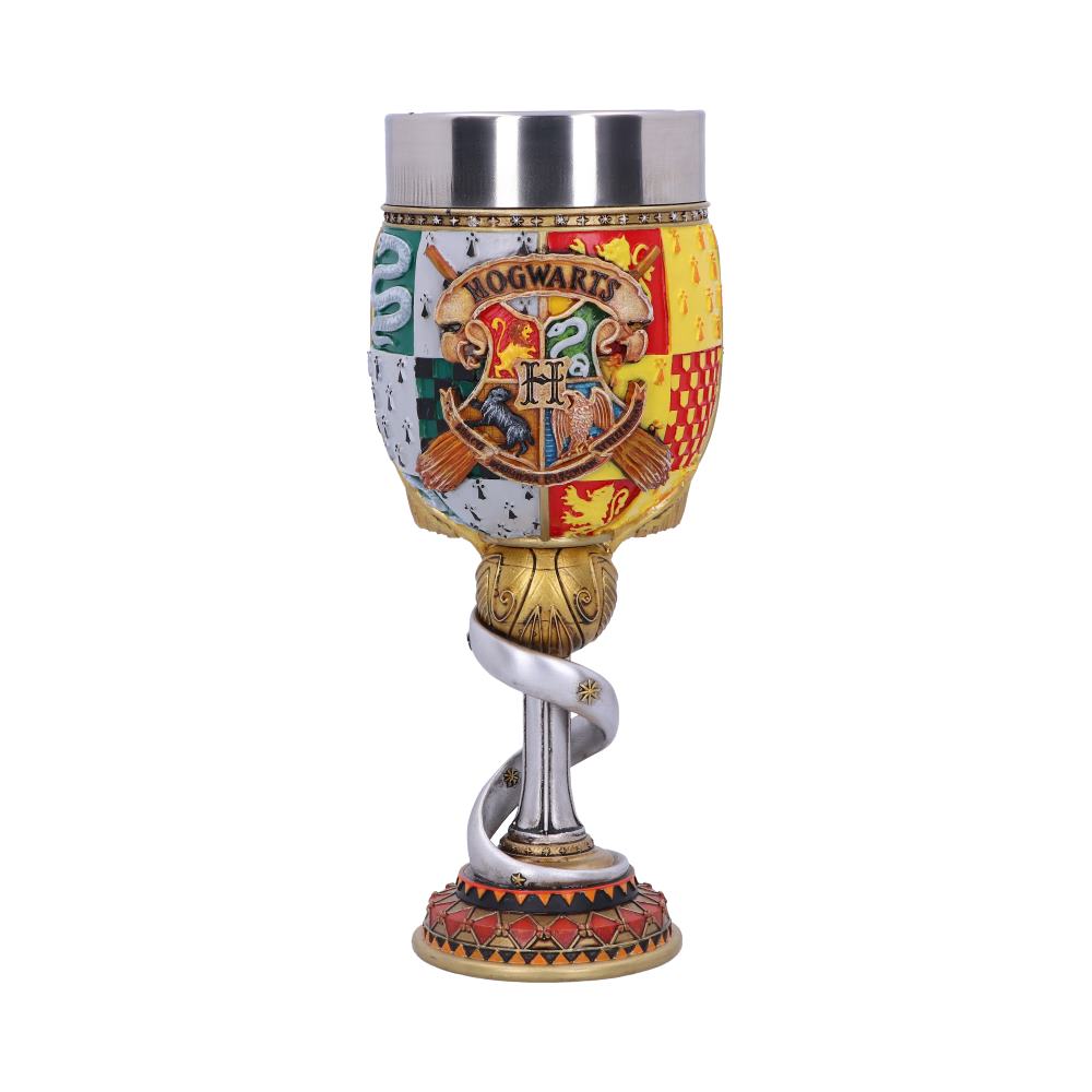 A decorative goblet features the "HOGWARTS" emblem with four house symbols and a serpent wrapped around the stem. The metal top sits above a colorful, patterned cup base.