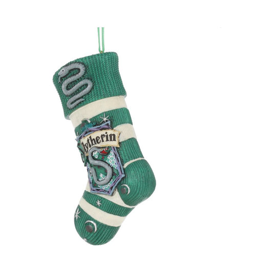 A green-striped stocking is hanging, featuring a snake emblem and a shield with "Slytherin" written on it, set against a plain white background.
