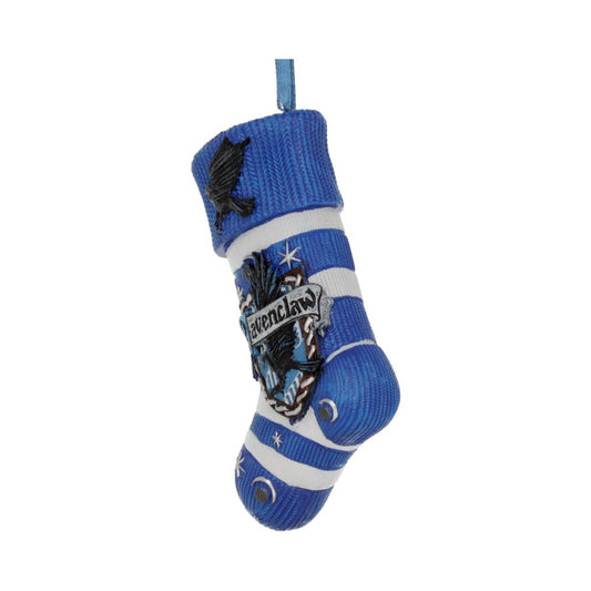 A blue and white striped stocking ornament hangs, featuring the "Ravenclaw" crest and a raven emblem, with decorative stars and moons, against a plain background.
