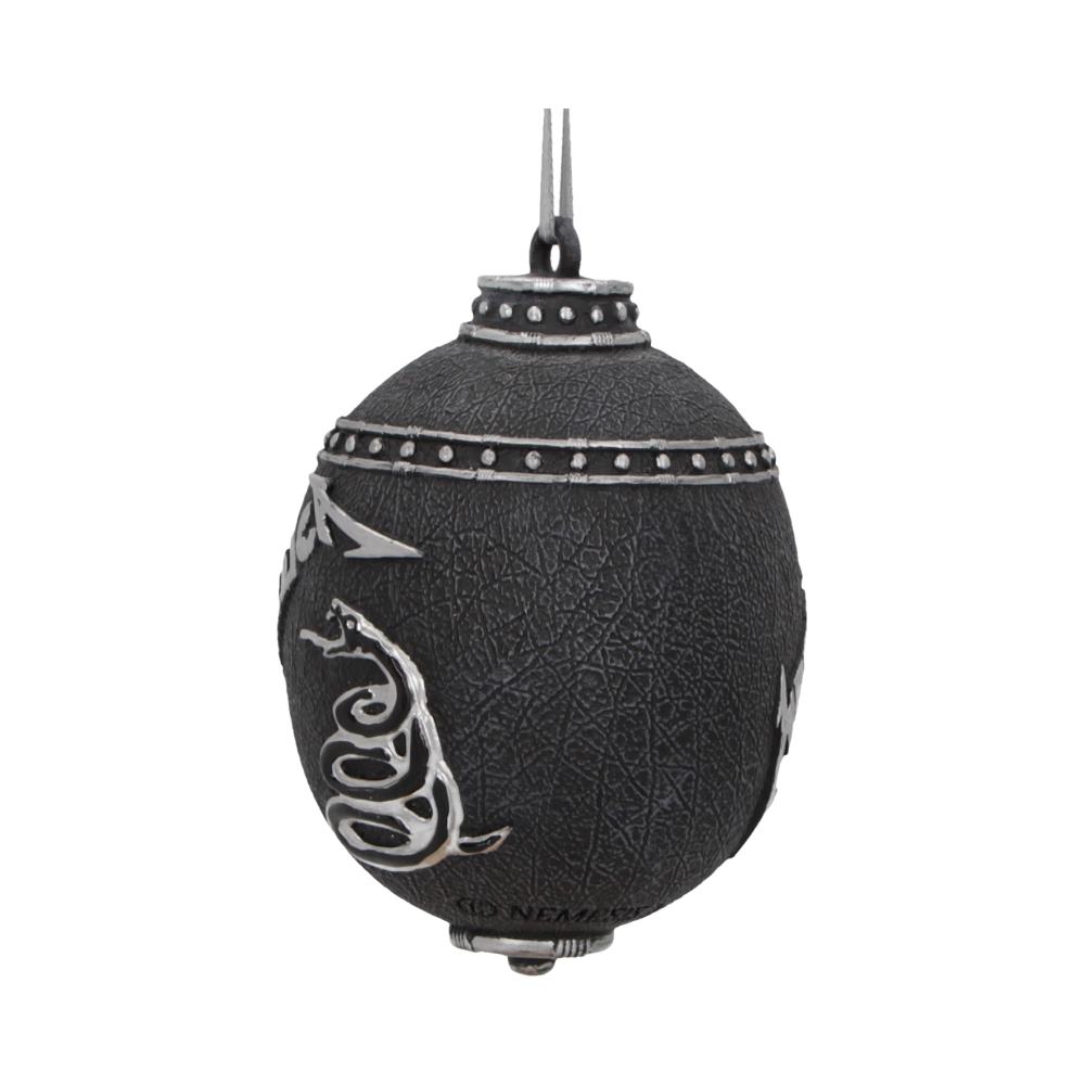 Black textured egg-shaped pendant hangs from a silver loop, displaying raised silver snake motif and studded bands against a plain white background.