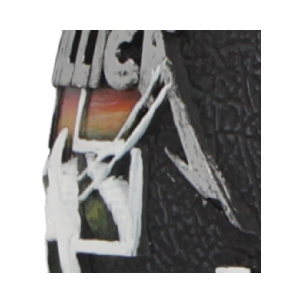 Iridescent square obscured by white paint strokes on a textured black surface with a silver arrow shaped paint mark nearby and raised white elements at the top