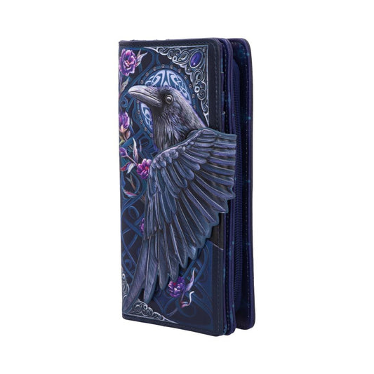 A detailed wallet features a raven with spread wings, set against a dark, intricate background of swirling patterns and purple roses, giving a mystical appearance.