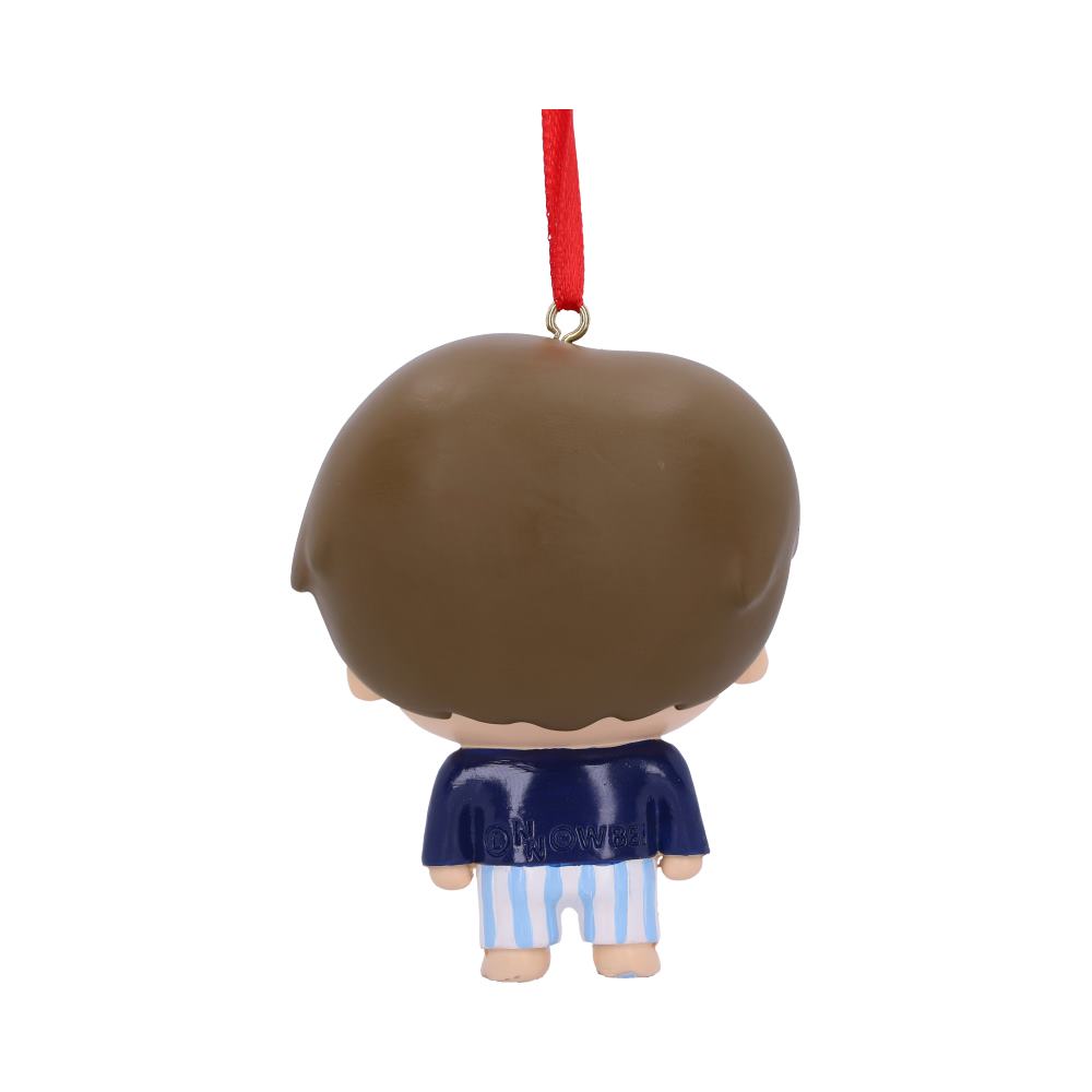 A small figurine with brown hair wearing a dark blue shirt and striped pants hangs from a red ribbon. The shirt has the word "ONOWEZ" printed on its back.