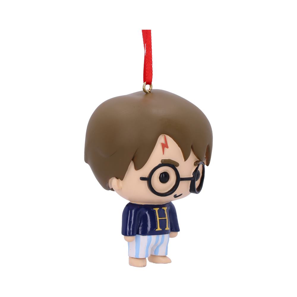 Chibi-style character ornament with glasses and lightning bolt scar, hanging from a red ribbon. Wears a blue sweater with "H" and striped pants, set against a plain white background.