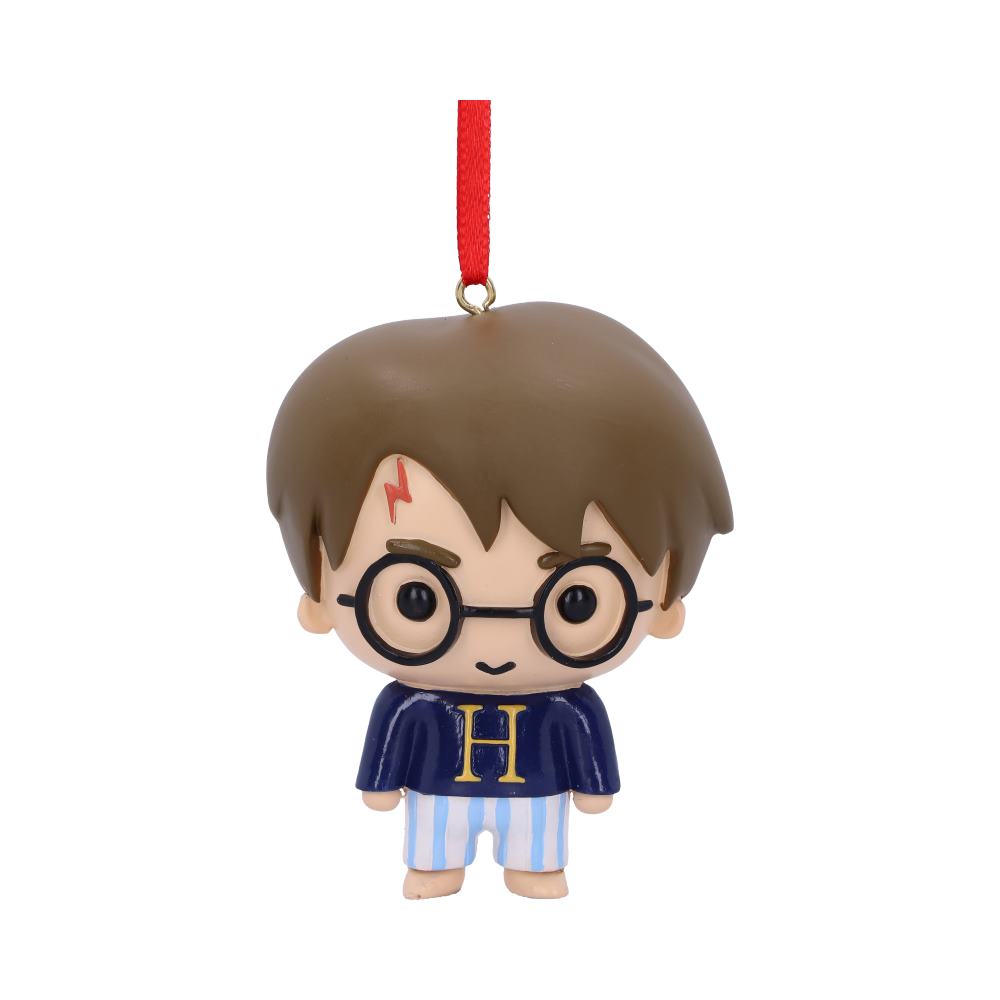 A small, chibi-style figure with glasses and a lightning bolt mark hangs from a red string. It's wearing a blue top with an "H" and striped pants.
