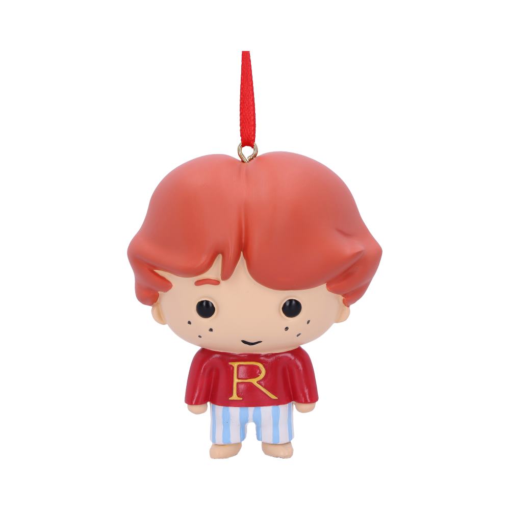 A chibi-style ornament with red hair dangles on a red ribbon. It wears a red shirt with an "R" and blue-striped pants, featuring a cheerful expression.