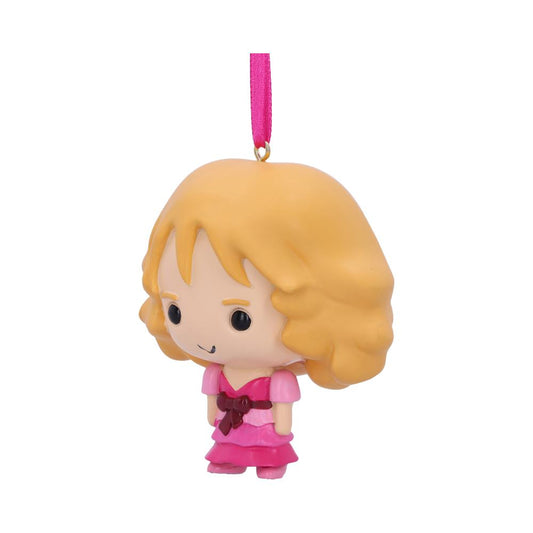 A small, cartoon-like figure with blond hair and a pink dress hangs from a pink ribbon against a plain, white background.