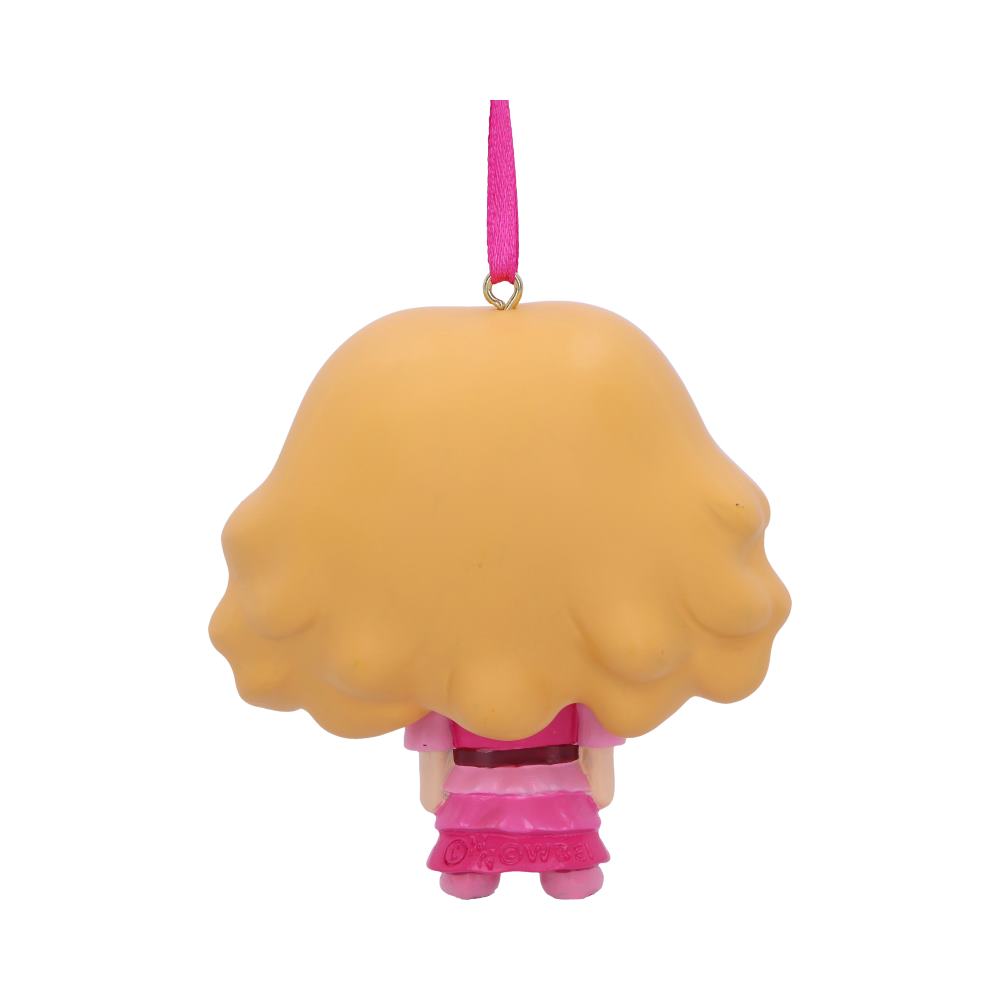 A small figurine with large, wavy blonde hair, wearing a pink outfit, hangs from a pink ribbon. It's against a plain white background.