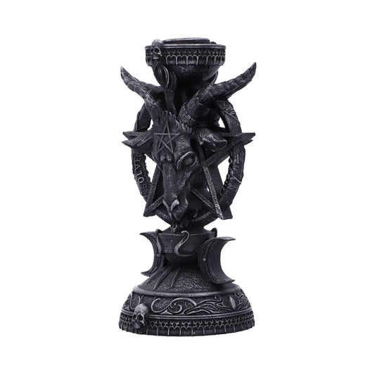 Baphomet-style goat head sculpture with pentagram on its forehead supported by a circular ring inscribed "SOLVE" and "COAGULA", serving as a dark ornamental candle holder against a white background.