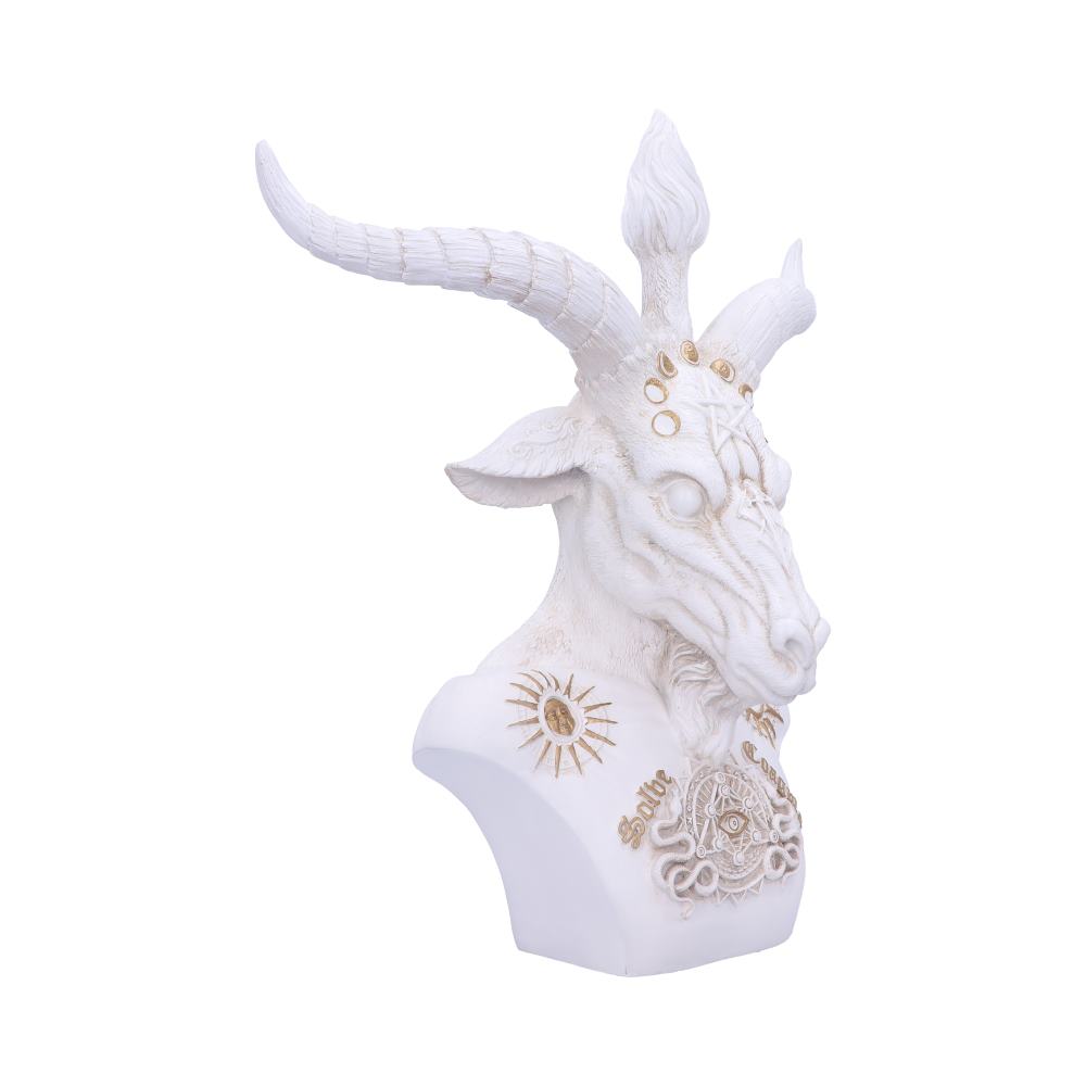 A white, decorative bust of a goat's head features golden embellishments and the word "Salve" on its chest; the background is white.