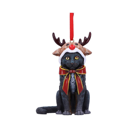 Black cat ornament sits wearing a reindeer hat and red ribbon bow, suspended by a red hanging ribbon against a plain white background.