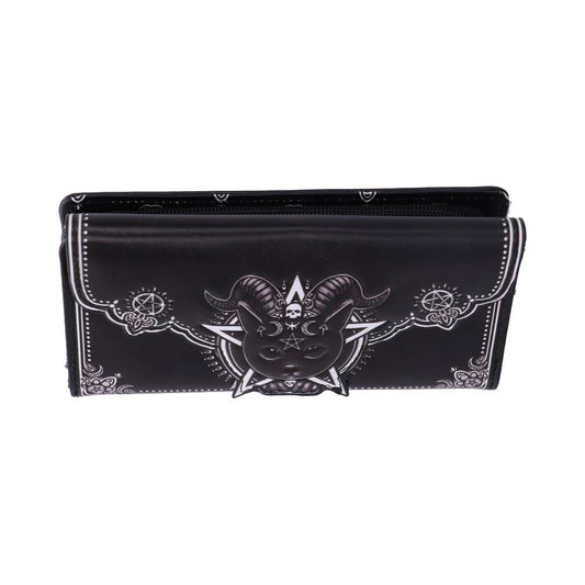 A black wallet lies closed with a demonic cat/pentagram illustration on the front; white accents surround the edges and the background is a plain white.