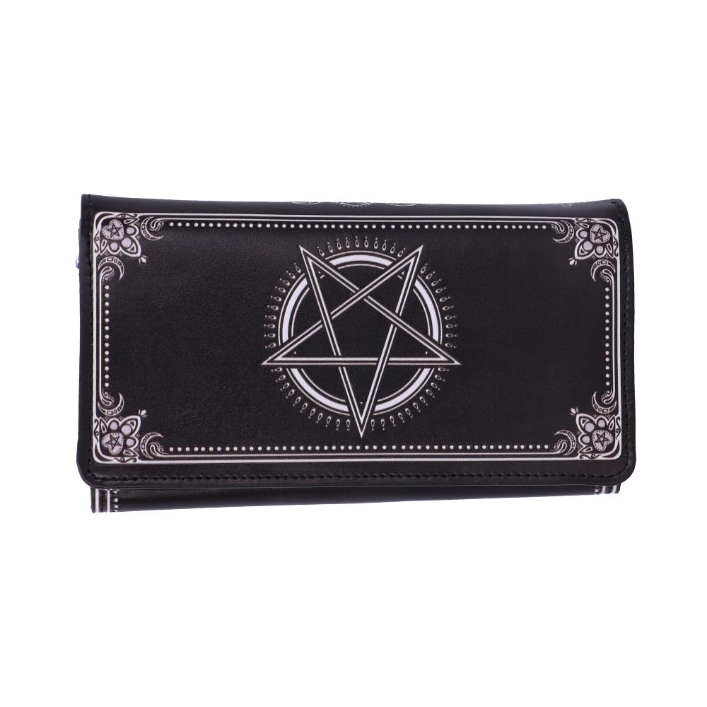 A black wallet displays a white pentagram design surrounded by a dotted circle. The edges are decorated with floral patterns, and the background is plain white.