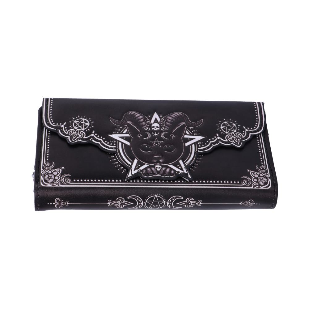 A black wallet with white filigree displays a cat with ram's horns inside a pentagram. Skulls and moons appear on the front, set against a bright, plain background.