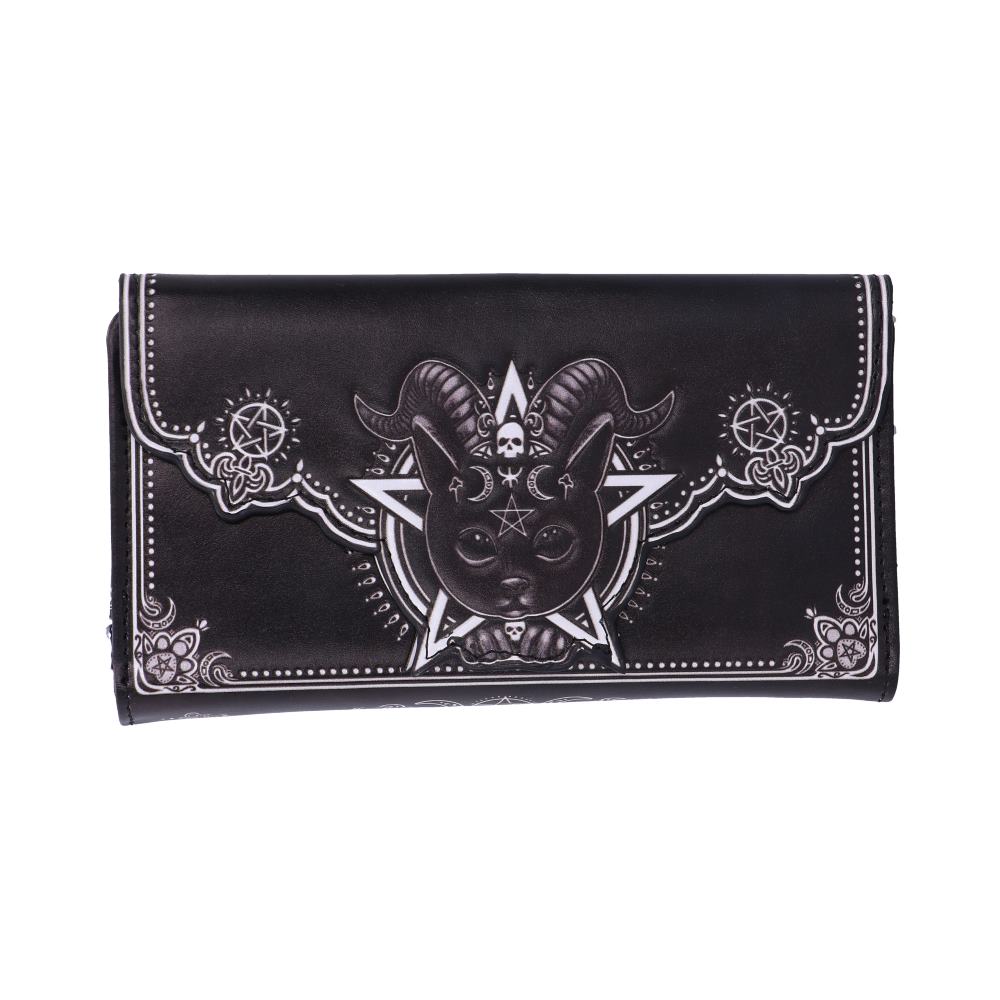 A black wallet displays an occult-themed cat design. The feline has horns, and resides in a star with crescent moon accents and flourishes.