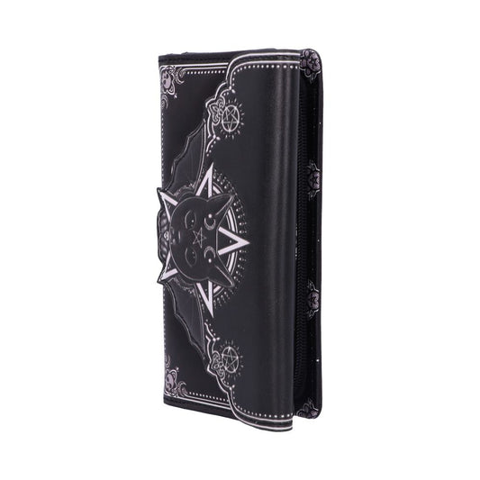 A black wallet, standing upright, has a bat wing and cat face design printed on the front along with pentagram and decorative elements. The side reveals a black zipper.