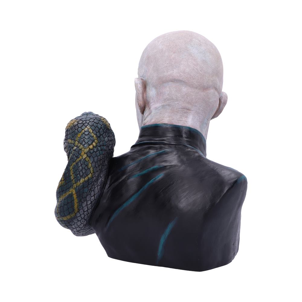 A bald, pale-skinned bust with a dark robe faces away, featuring a large, textured snake coiling around its shoulder, set against a plain white background.