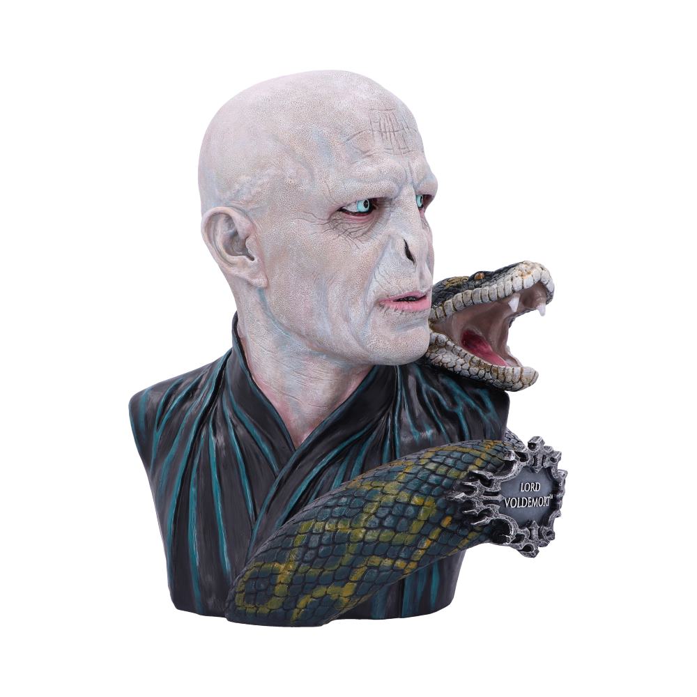 A bust of a bald figure with pale skin and slit nostrils stares to the side, while a snake emerges from its shoulder. Text reads: "LORD VOLDEMORT." Background is plain white.