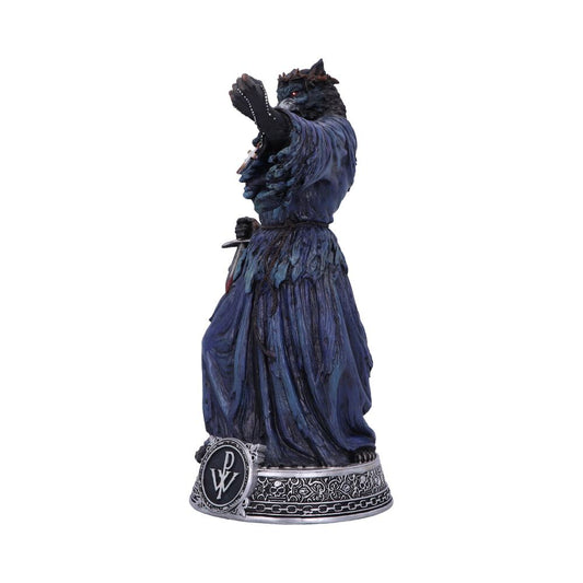 A werewolf figure stands with an outstretched arm, wearing a blue robe on a decorative base with intricate patterns. The base features a circular emblem with "P.W" inscribed.