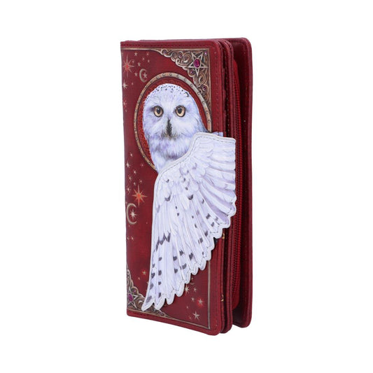 A red wallet, featuring a snowy owl and its wing, sits against a white background.
