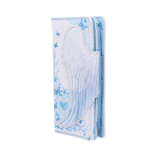 A pale blue and white phone wallet case stands upright, featuring an embossed angel wing, butterfly, heart and floral decorations on a clean white background.