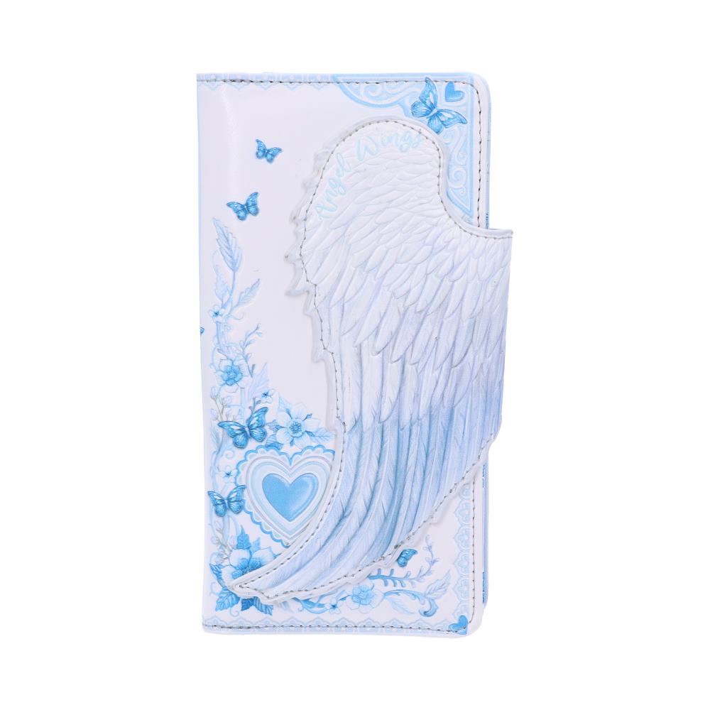A white wallet is decorated with an embossed angel wing and blue butterflies, flowers, and hearts. Text reads "Angel Wings".