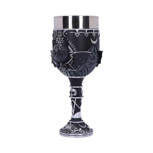 A gothic-style chalice, adorned with a bat and pentagrams, sits on a white background. The metal rim contrasts the black body, which has a skull design on the stem and ornate base.