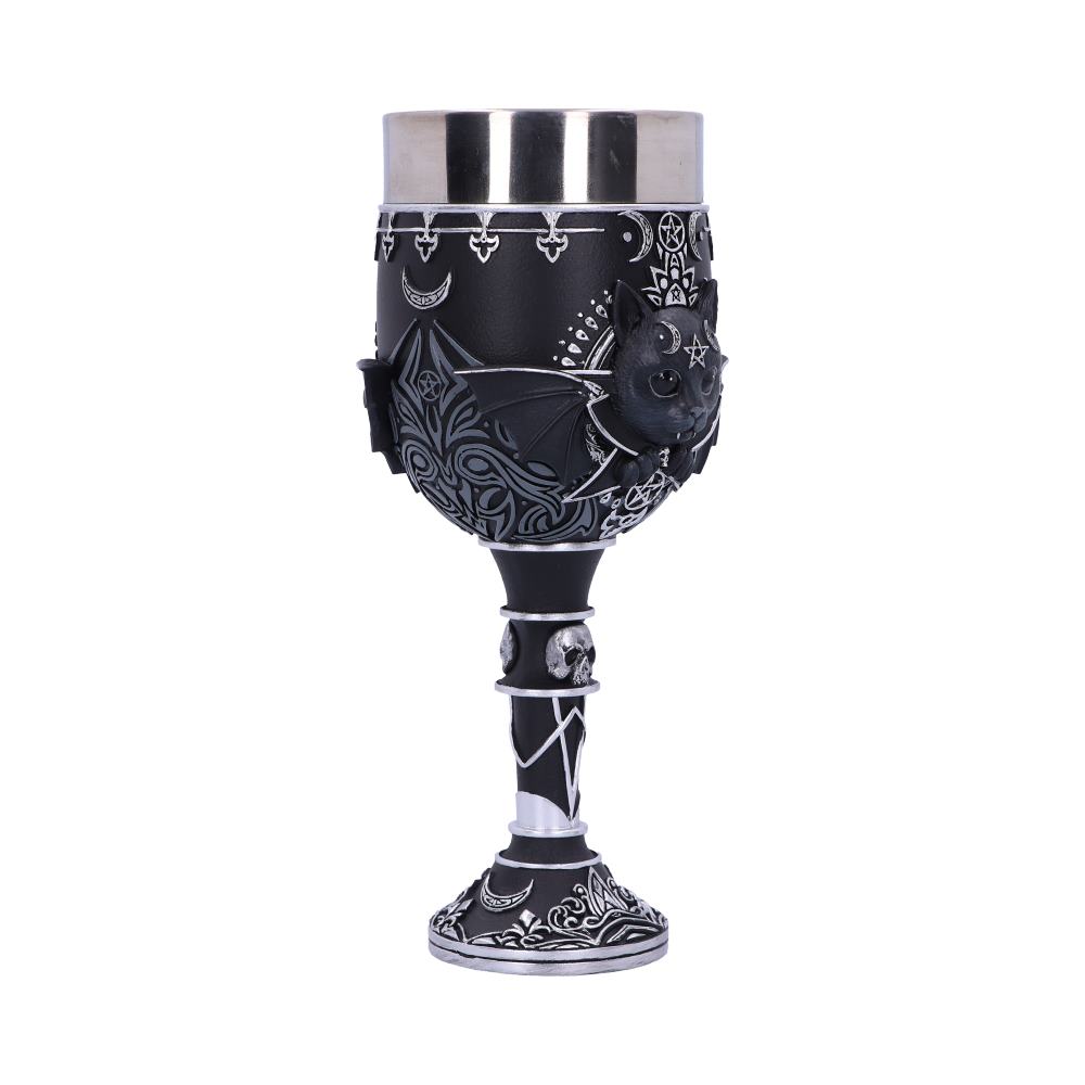 A black, ornamental goblet features silver accents, a cat-bat creature, and skull embellishments on its stem, set against a plain white background.