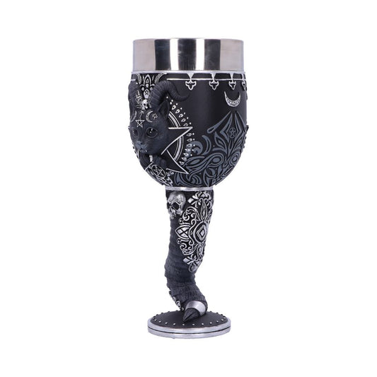 A gothic goblet with a stainless steel cup displays a horned black cat design, accented with skulls, pentagrams, and lunar images on a patterned base, against a white background.