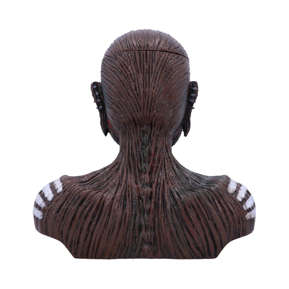 A textured, brown bust with intricate grooves and white markings on shoulders, facing backward. It has uniquely shaped ears and distinct detailing, set against a plain white background.